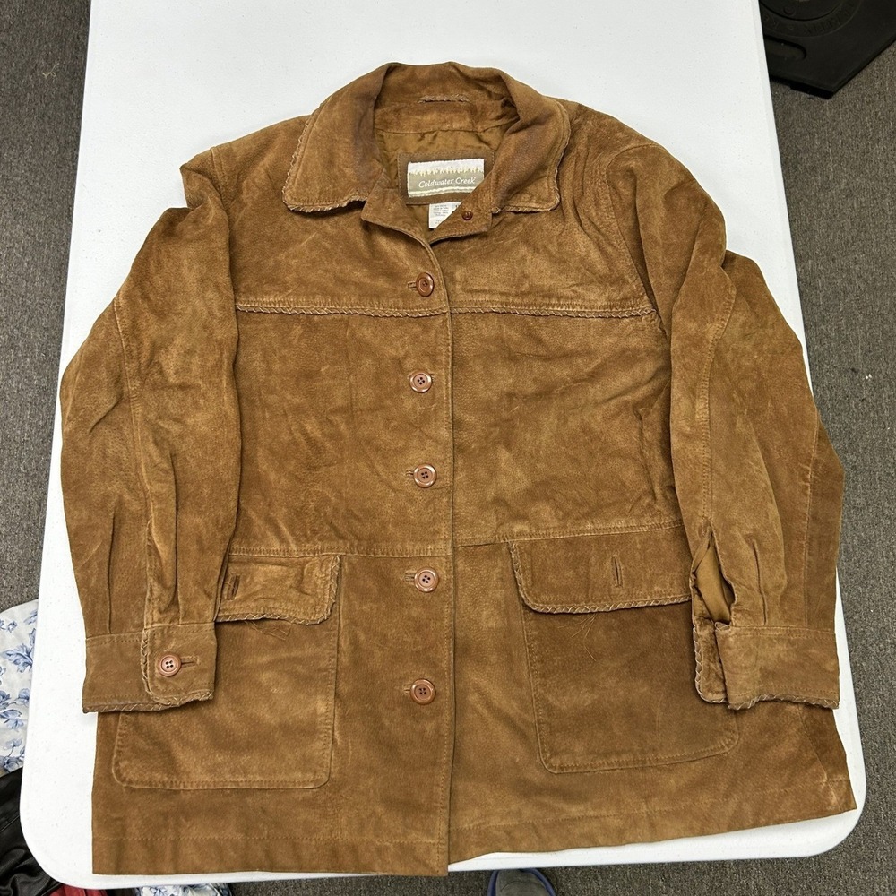 Coldwater Creek Suede Jacket Womens 1X Brown Leather Barn Coat Whipstitch A5